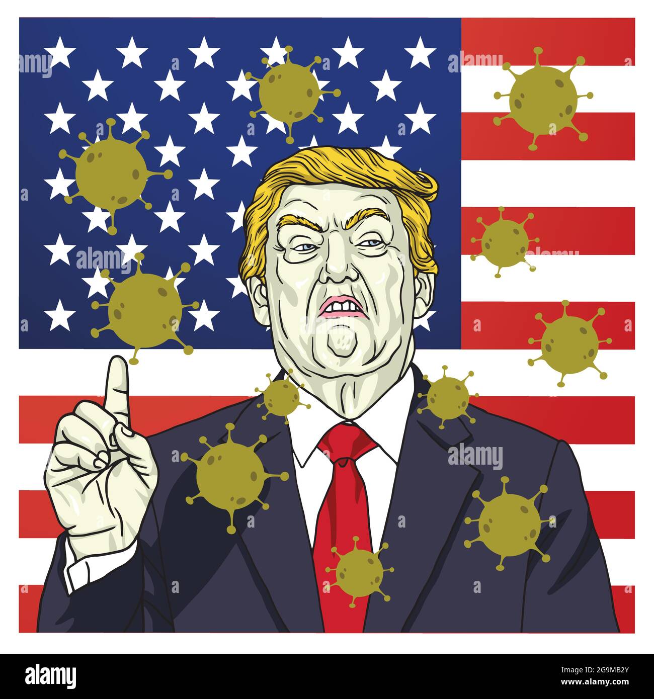Donald Trump la campagne présidentielle de débat avec le coronavirus Covid-19 icône et le drapeau américain arrière-plan. Caricature de dessin animé vectoriel Illustration de Vecteur