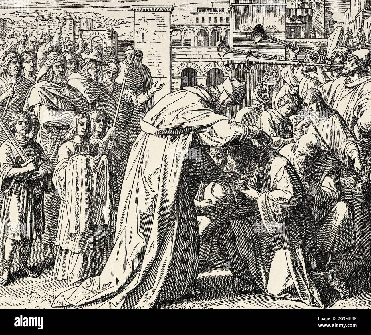 Les frères Maccabees. Israël donne le maximum de pouvoir au frère Simon de Judas Maccabeus. Livre Maccabees. Histoire biblique sacrée ancien Testament. Ancienne gravure du livre Historia Sagrada 1920 Juan Lagui Lliteras Banque D'Images