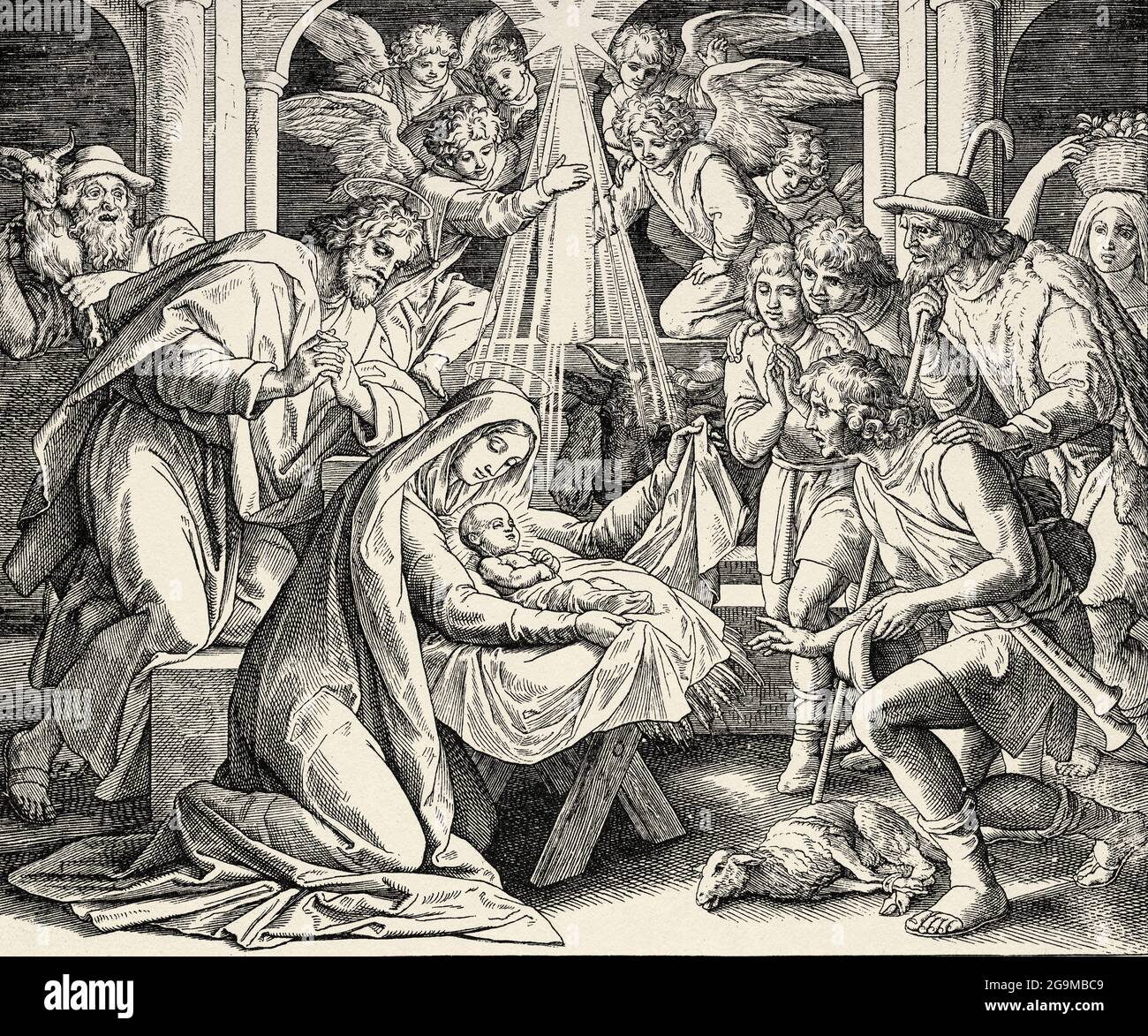 La Nativité du Christ, la veille de Noël, Crimbo, Noël, Sainte famille. Les bergers adorent le nouveau-né messie. Luke livre, Nouveau Testament Histoire biblique sacrée. Ancienne gravure du livre Historia Sagrada 1920 Juan Lagui Lliteras Banque D'Images