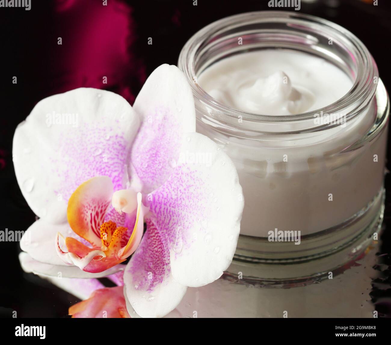 Crème pour le visage avec fleurs d'orchidée sur fond sombre Photo Stock -  Alamy