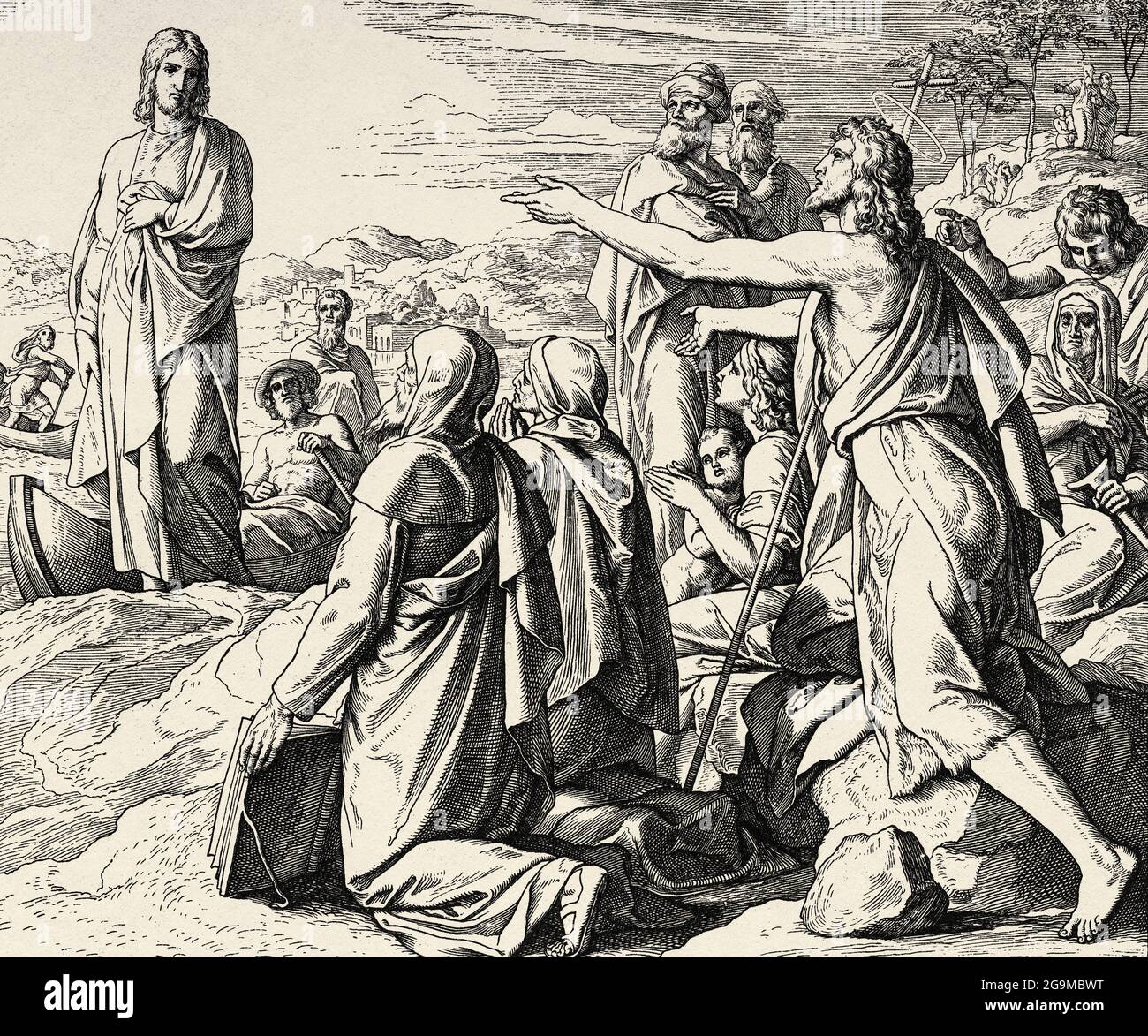 Le témoignage de John. L'apôtre Jean pointe vers le Seigneur, voici l'agneau de Dieu. John livre, Nouveau Testament Histoire biblique sacrée. Ancienne gravure du livre Historia Sagrada 1920 Juan Lagui Lliteras Banque D'Images