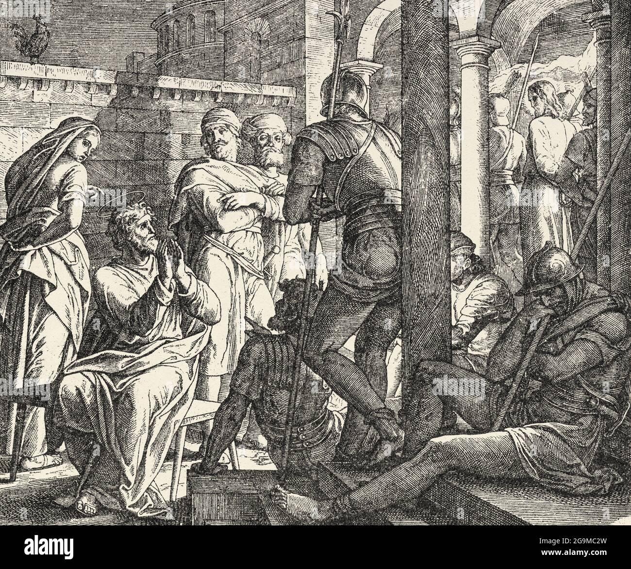 Les démentis de l'apôtre Pierre. L'apôtre Pierre nie trois fois à notre Seigneur Jésus le fils de Dieu. Matthew livre, Nouveau Testament Histoire biblique sacrée. Ancienne gravure du livre Historia Sagrada 1920 Juan Lagui Lliteras Banque D'Images