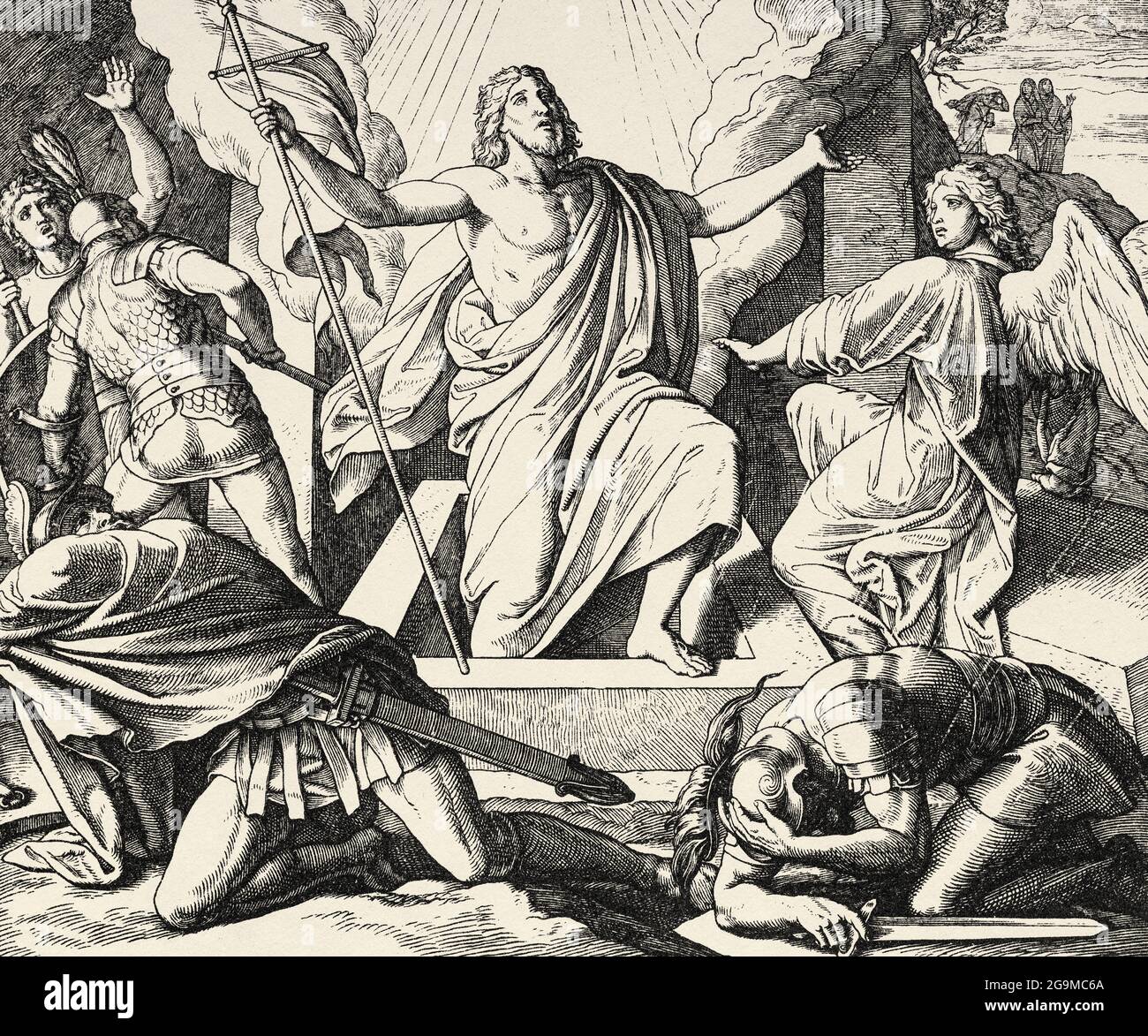 Jésus résurrection des morts. Notre Seigneur Jésus, fils de Dieu, a été ressuscité divinement par sa propre vertu. Matthew livre, Nouveau Testament Histoire biblique sacrée. Ancienne gravure du livre Historia Sagrada 1920 Juan Lagui Lliteras Banque D'Images