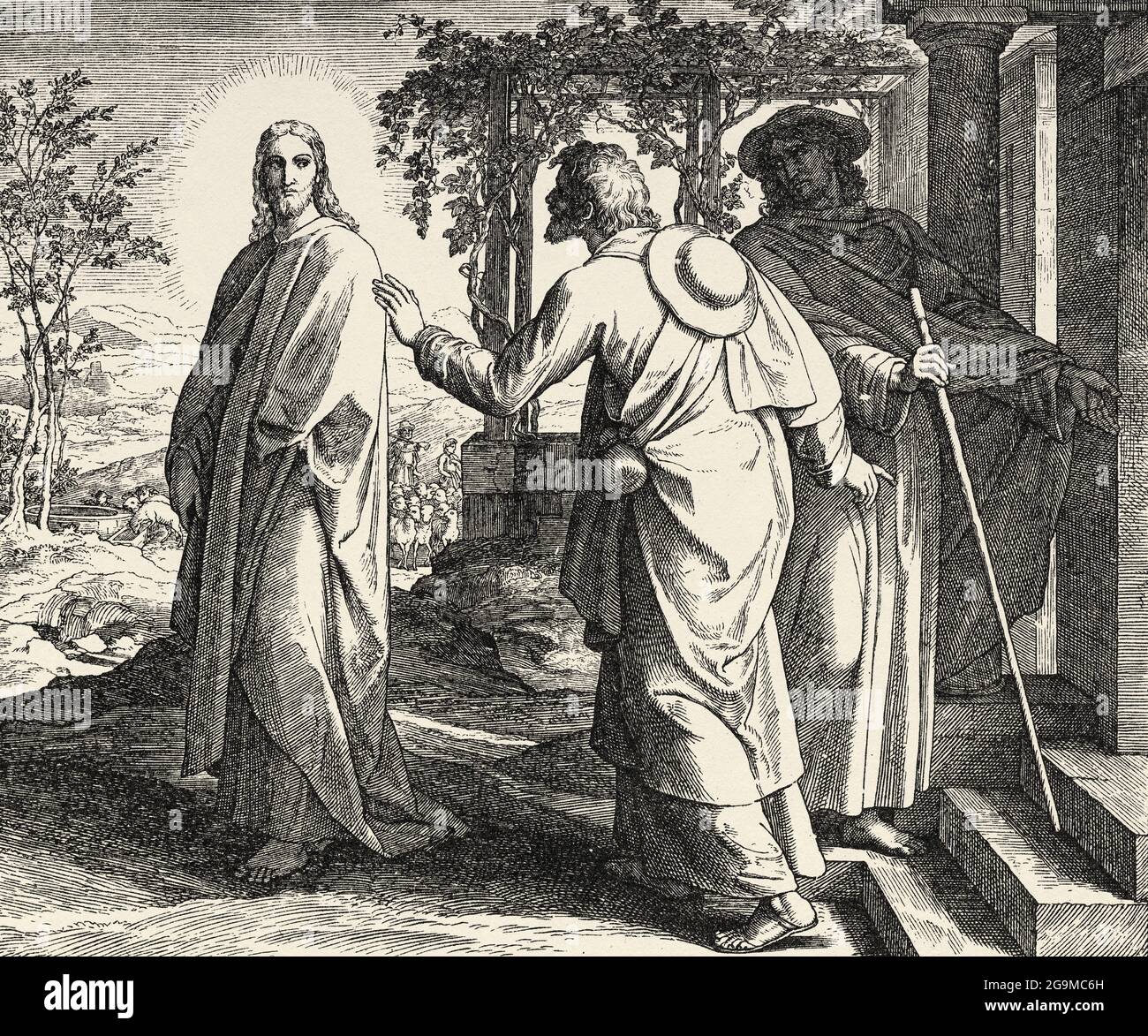 Les disciples d'Emmaüs. Les disciples à notre arrivée à Emmaüs prient notre Seigneur Jésus, fils de Dieu, reste avec nous. Luke livre, Nouveau Testament Histoire biblique sacrée. Ancienne gravure du livre Historia Sagrada 1920 Juan Lagui Lliteras Banque D'Images