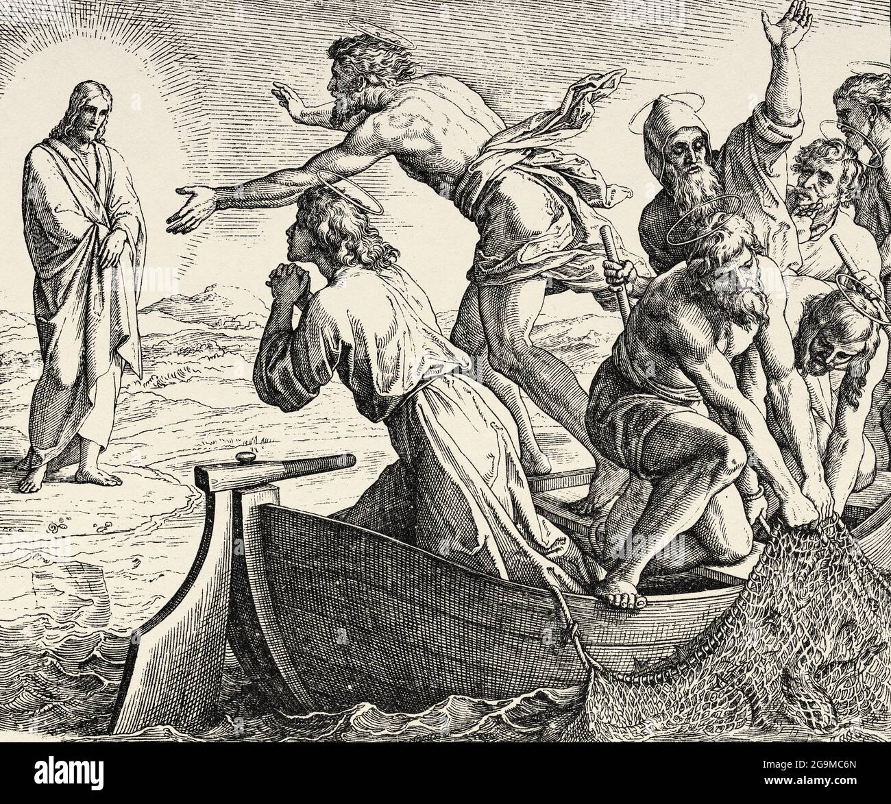 L'apparence au lac. L'apôtre Pierre se jette dans la mer pour aller avant la rencontre de notre Seigneur Jésus, fils de Dieu. John livre, Nouveau Testament Histoire biblique sacrée. Ancienne gravure du livre Historia Sagrada 1920 Juan Lagui Lliteras Banque D'Images