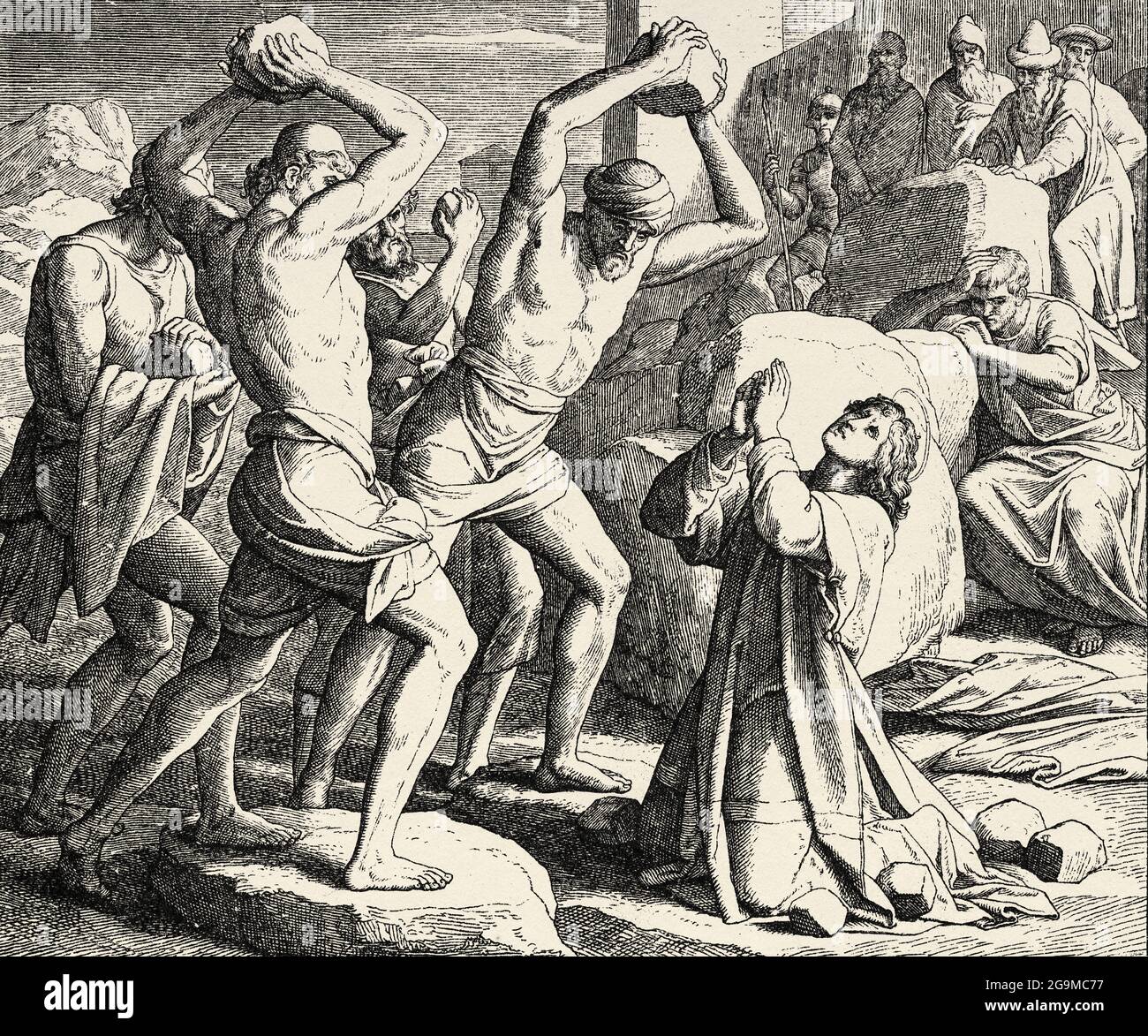 La lapidation de Saint Stephen. Le diacre Stephen meurt pour la foi de notre Seigneur Jésus, fils de Dieu. Actes des Apôtres livre, Nouveau Testament Histoire biblique sacrée. Ancienne gravure du livre Historia Sagrada 1920 Juan Lagui Lliteras Banque D'Images