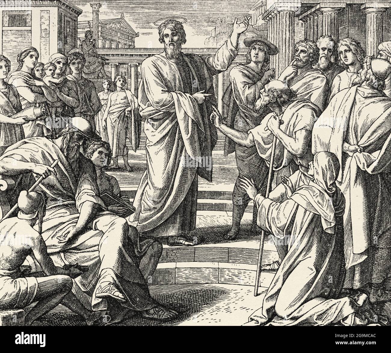 Paul aux Sages d'Athènes. L'apôtre Paul dans l'Areopagus d'Athènes fait tourner le sénateur Dionisio. Actes des Apôtres livre, Nouveau Testament Histoire biblique sacrée. Ancienne gravure du livre Historia Sagrada 1920 Juan Lagui Lliteras Banque D'Images
