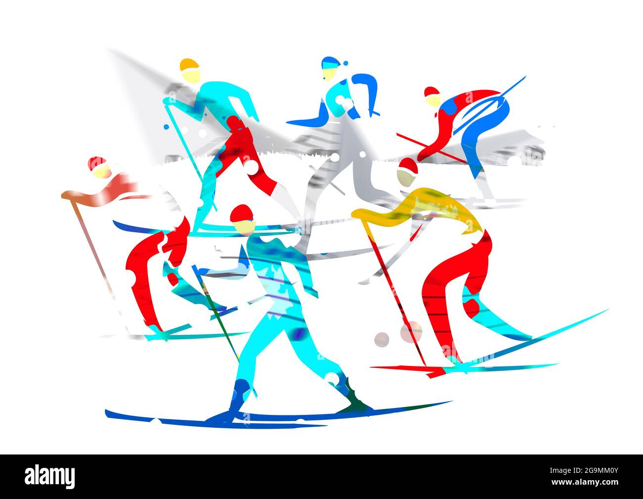 Compétition de ski de fond. Illustration expressive des concurrents du ski nordique. Banque D'Images