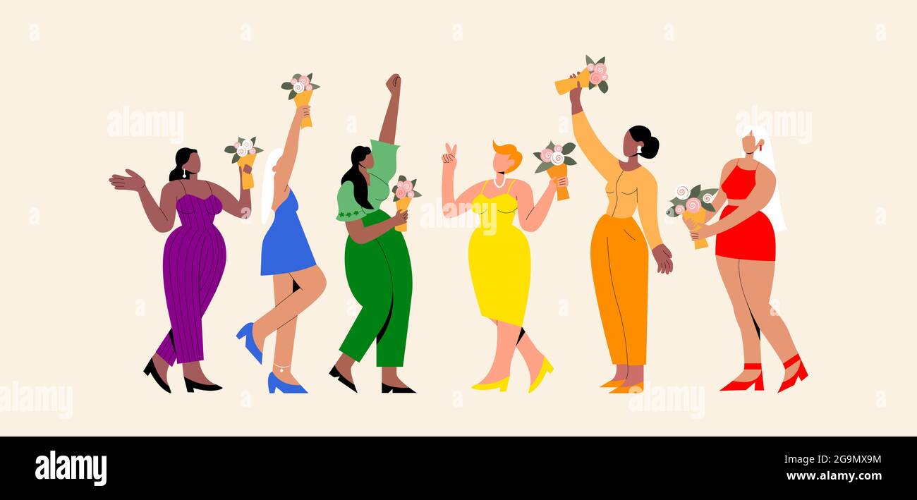 Femmes en robes de couleur arc-en-ciel avec bouquets de fleurs dans leurs mains. La fête arc-en-ciel. Affiche horizontale de style plat pour carte de vœux Illustration de Vecteur