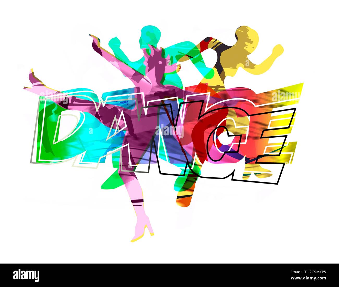 Danseurs, danse disco moderne. Illustration stylisée expressive de trois jeunes dansants et inscription DE DANSE. Banque D'Images