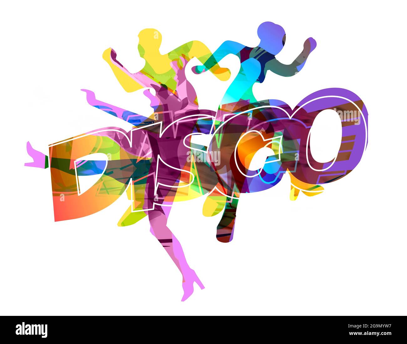 Danseuses disco. Illustration stylisée expressive de trois jeunes dansants et inscription DISCO. Banque D'Images