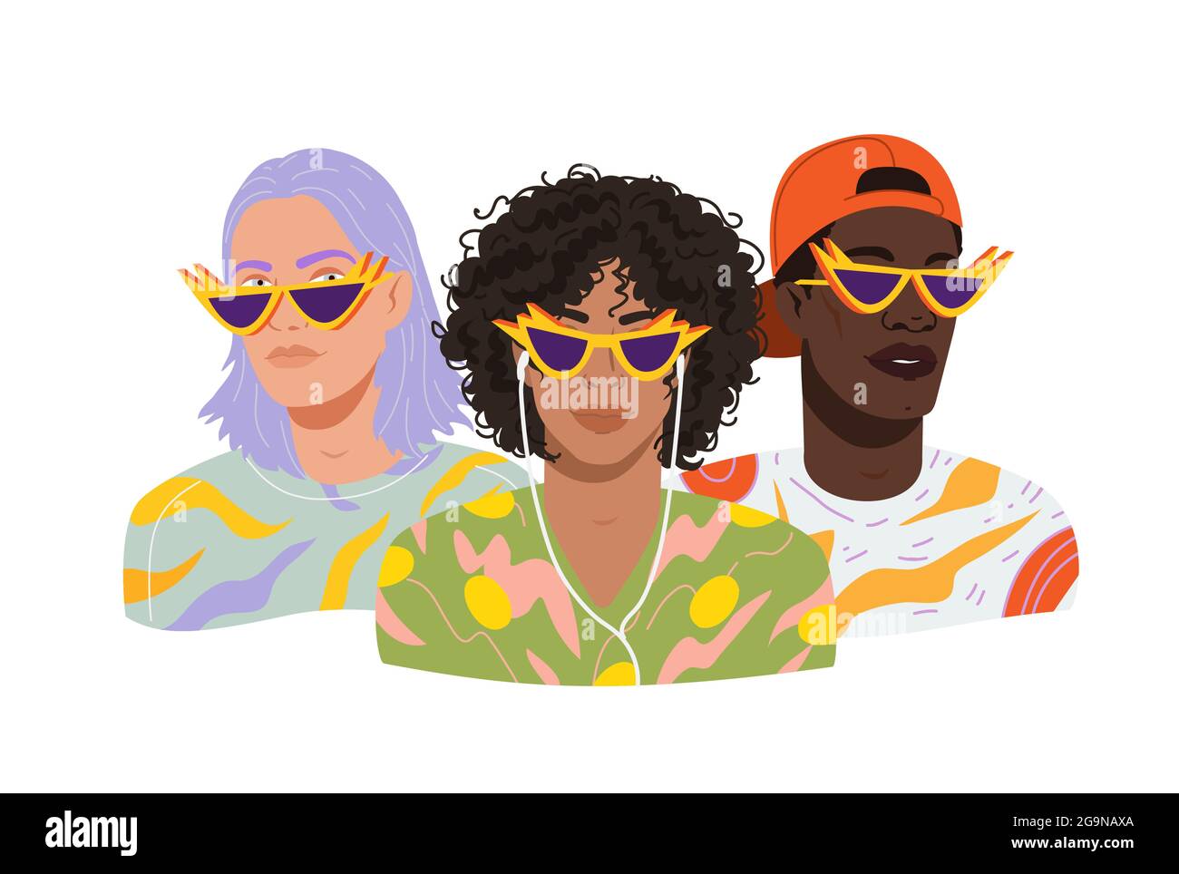 Portraits de divers personnages modernes. Avatars d'hommes dans des lunettes de soleil modernes et des tenues de mode. Party People amis debout ensemble. Portr. Vecteur Illustration de Vecteur