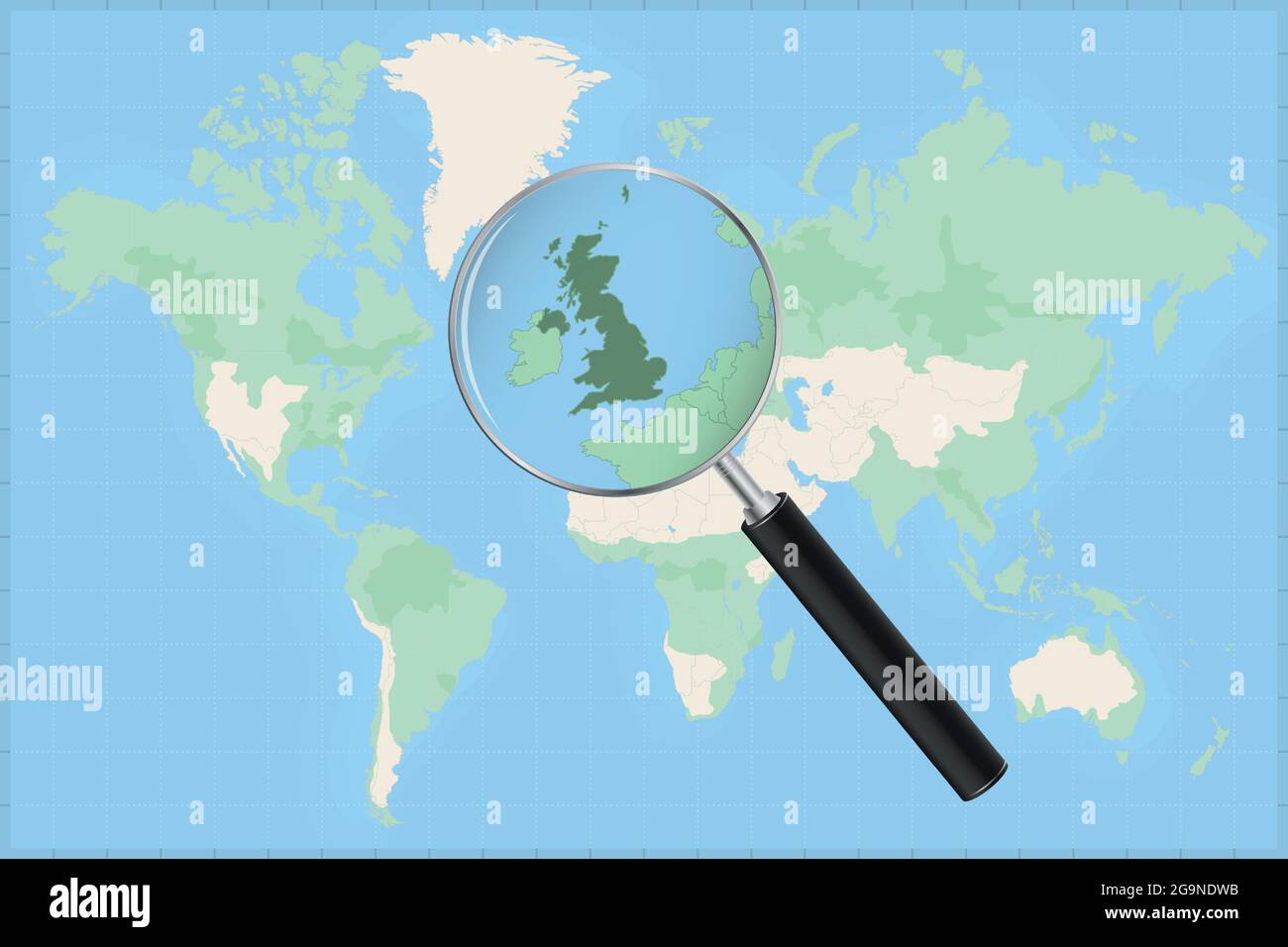 Carte du monde avec une loupe sur une carte du Royaume-Uni carte