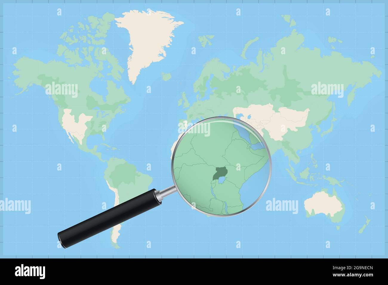 Carte du monde avec une loupe sur une carte de l'Ouganda carte détaillée de l'Ouganda et des pays voisins dans la loupe. Illustration de Vecteur