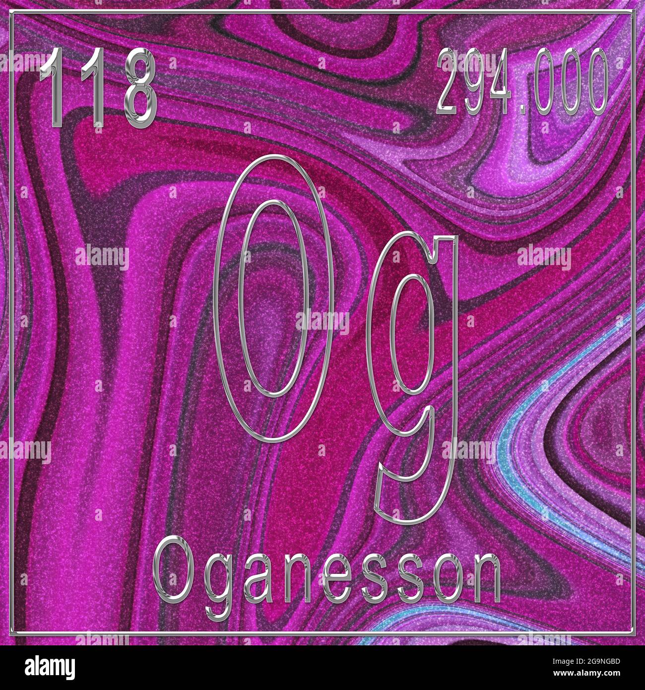 Élément chimique Oganesson, signe avec numéro atomique et poids atomique, élément de tableau périodique, fond rose Banque D'Images