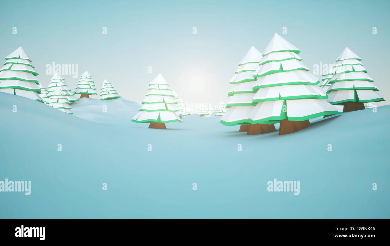 Paysage d'hiver avec des dessins animés, neige et ciel bleu. rendu 3d Banque D'Images