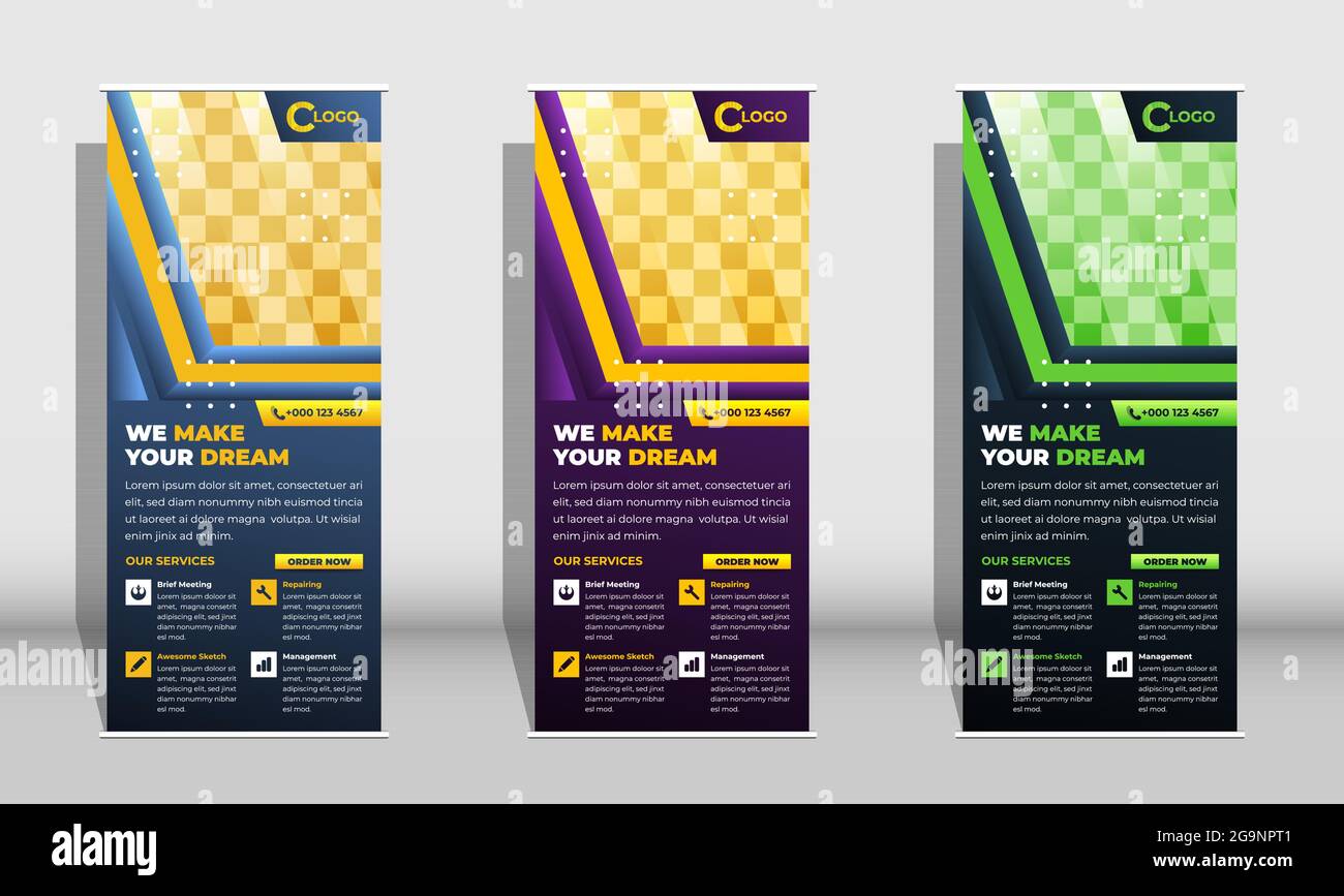 Construction en dégradé jaune rouleau vertical ou support bannière xbanner Premium modèle vectoriel sur fond blanc Illustration de Vecteur