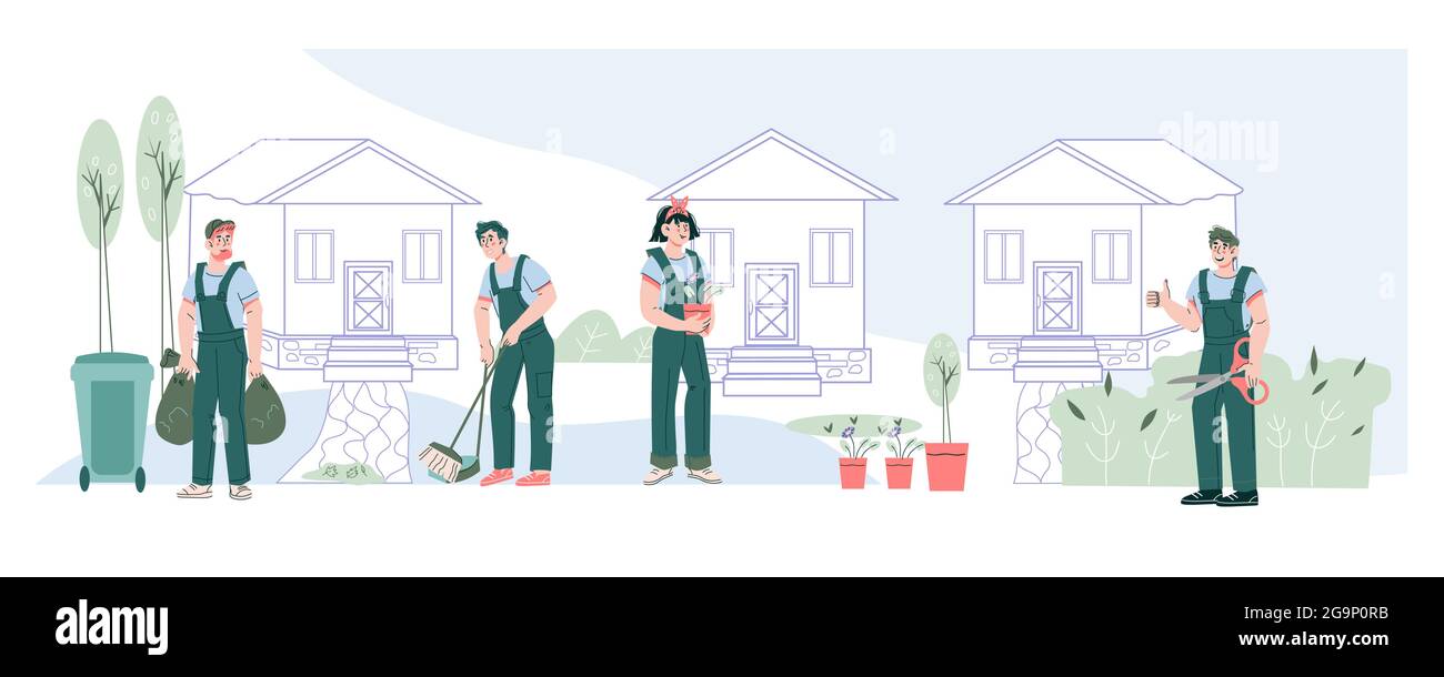 Services professionnels de soin de jardin et d'élagage d'arbres bannière avec des personnages de jardiniers de plantation et de nettoyage. Entretien de jardin, dessin animé à vecteur plat Illustration de Vecteur