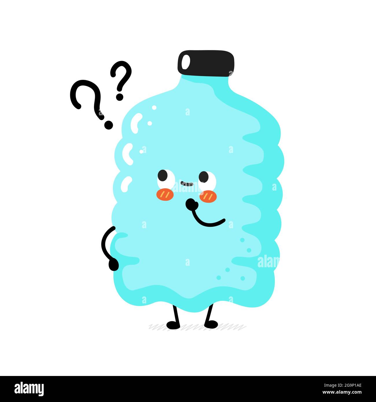 Joli drôle sourire heureux personnage en plastique bouteille avec des points d'interrogation. Illustration d'un autocollant de personnage de dessin animé vectoriel. Drôle Happy bouteille plastique dessin animé concept de personnage. Isolé sur fond blanc Illustration de Vecteur