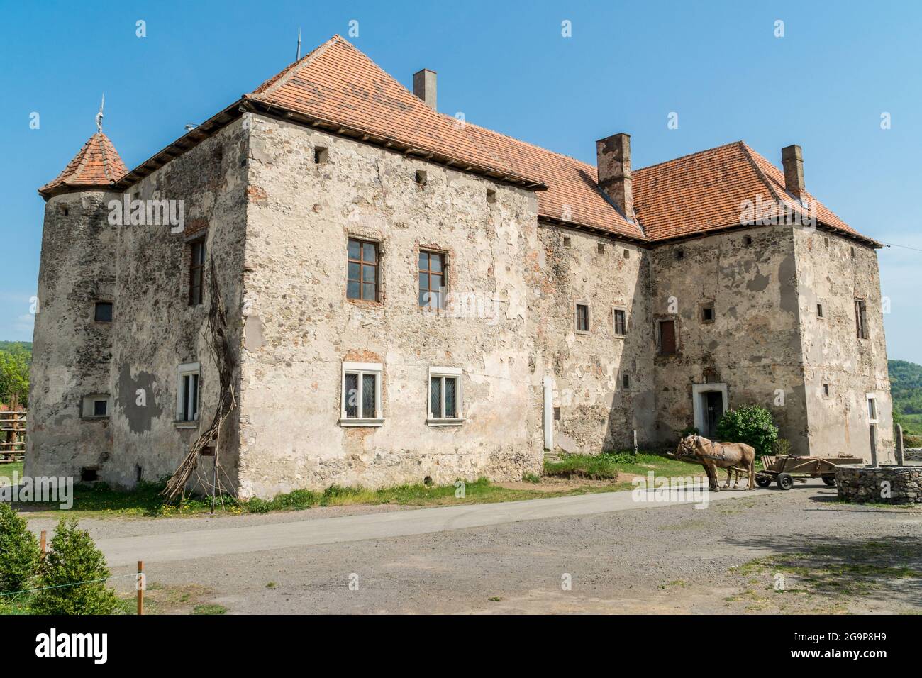 Vue extérieure sur le château de Saint Miklós à Chynadiyovo, dans la région de Zakarpattya, en Ukraine. Destinations de voyage en Ukraine. Banque D'Images