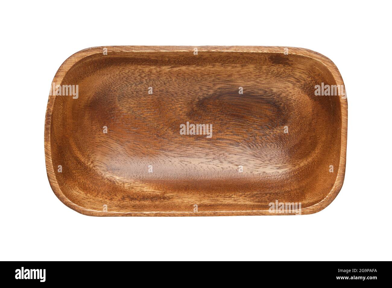 Bol en bois simple rustique, isolé sur blanc. Assiette en bois vide d'acacia. Vue de dessus. Pose à plat. Banque D'Images