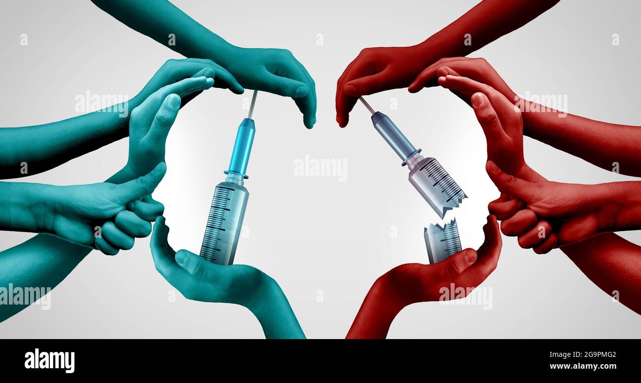 Anti-Vaxxer concept et les personnes non vaccinées et vaccinées comme anti-vaccin ou les personnes qui s'opposent à la prise de vaccins avec des éléments d'illustration 3D. Banque D'Images
