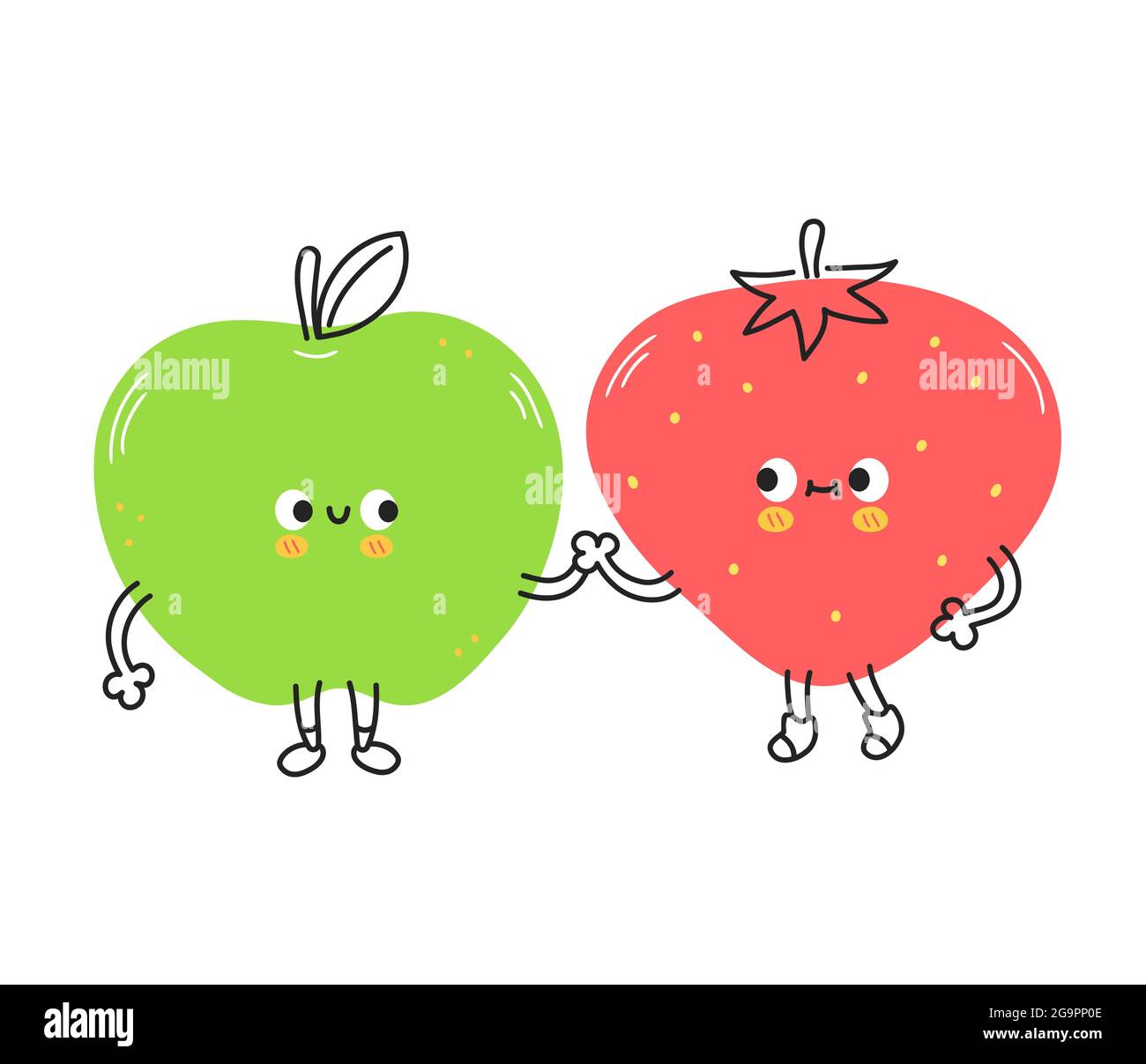 Fruits aux pommes et aux fraises amusants et mignons. Illustration vectorielle de personnage de dessin animé kawaii Doodle. Fraise, pomme fruit amis mascotte personnage de dessin animé concept.isolé sur fond blanc Illustration de Vecteur