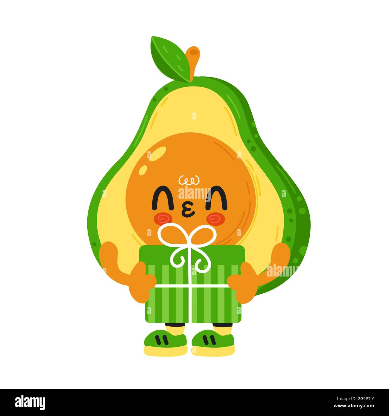 Adorable avocat amusant avec boîte cadeau pour le visage de bébé. Dessin animé vectoriel kawaii personnage illustration enfants emoji icône. Isolé sur fond blanc. Poster enfant avocat, carte cadeau dessin animé concept de personnage Illustration de Vecteur