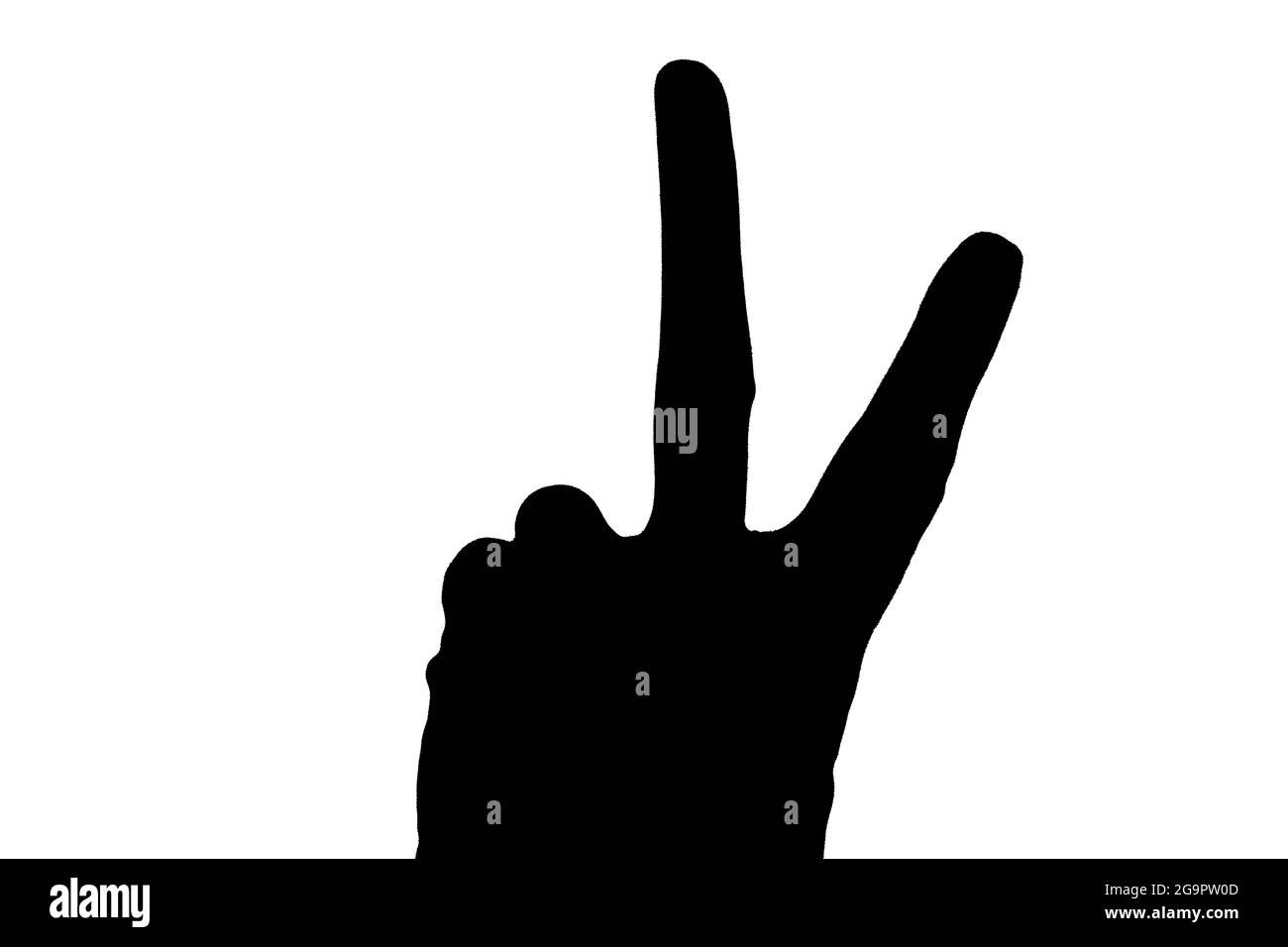 Silhouette ou ombre noire d'une main montrant deux doigts ou un geste de victoire, de succès ou un signe de playboy isolé sur fond blanc, fra verticale Banque D'Images