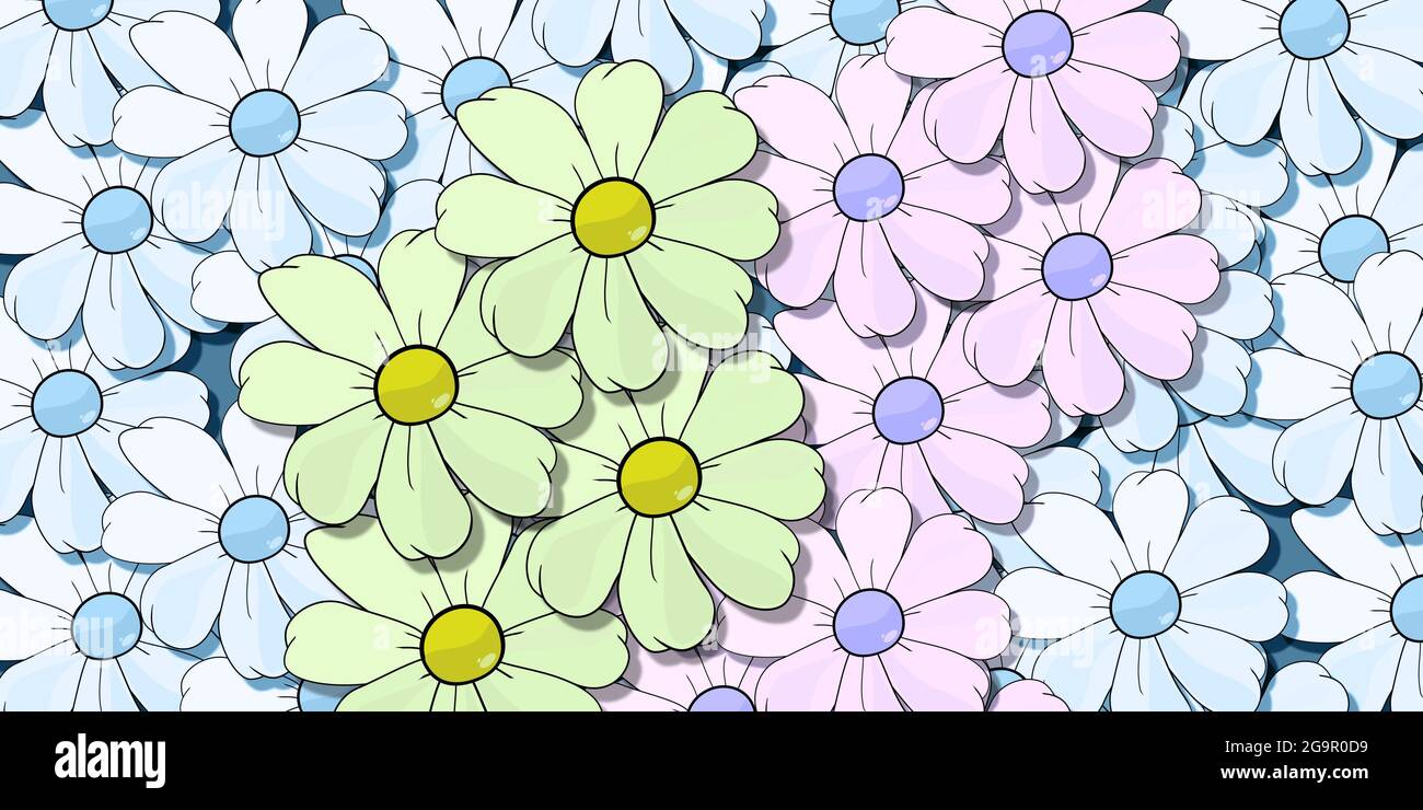 ...un groupe de PÂQUERETTES aux tons de bleu nostalgique et aux couleurs naturelles au contraste élégant.Variété de marguerites pour l'arrière-plan.Thème floral.Attrayant... Banque D'Images