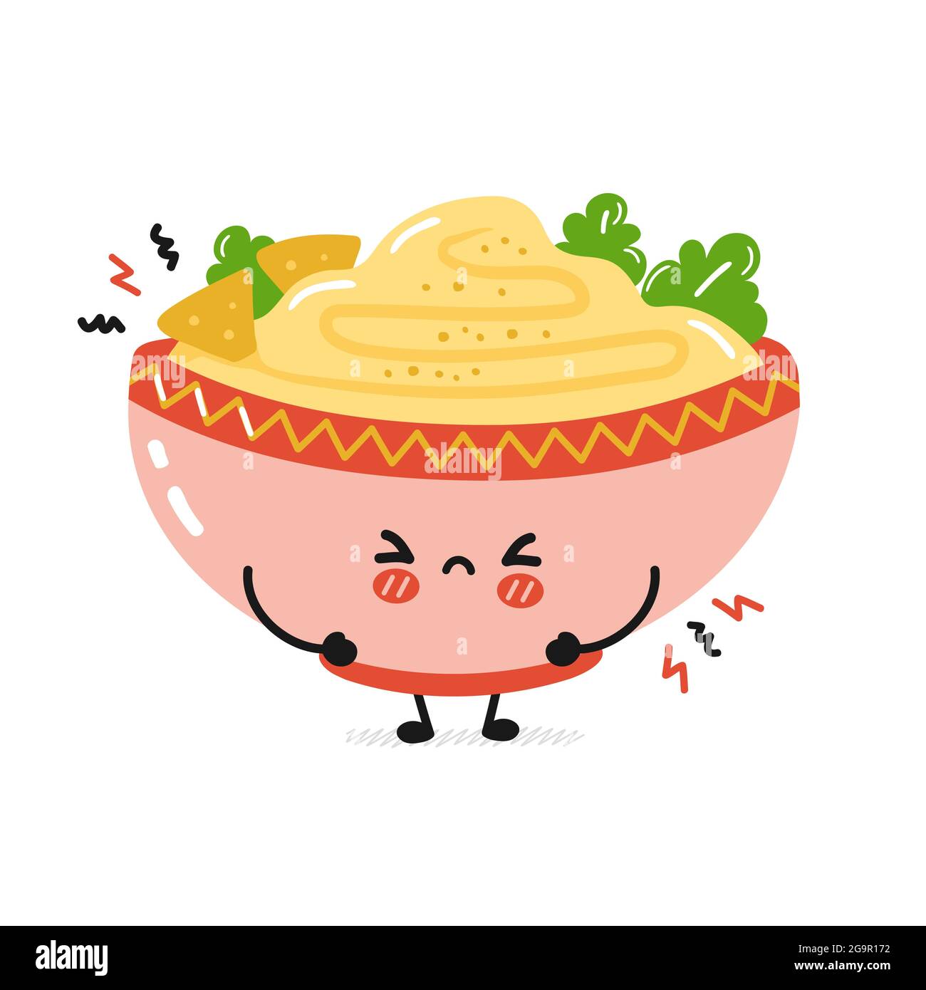 Adorable triste drôle personnage de bol de houmous traditionnels. Icône d'illustration de personnage de dessin animé kawaii à plan vectoriel. Isolé sur fond blanc. Bol hummus, concept de personnage de dessin animé traditionnel de la cuisine arabe Illustration de Vecteur