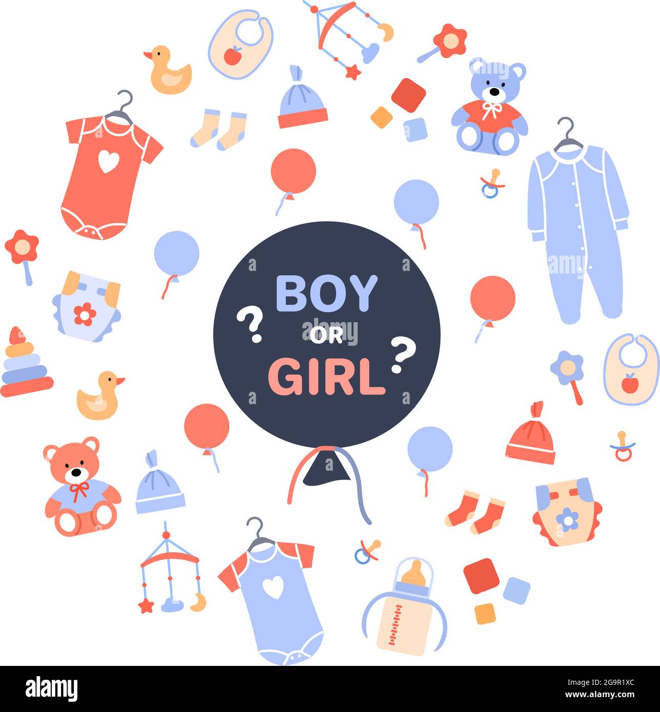 Fête de révélation de genre. Fond plat pour bébé Illustration de Vecteur