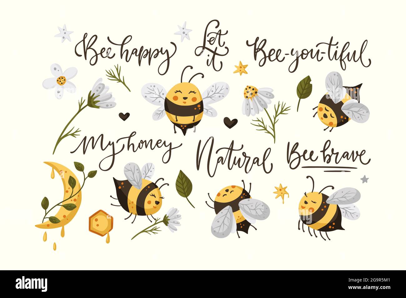 Mignon Miel Abeille Drole D Illustration Ensemble Collection De Personnages D Insectes Joyeux Ete A Vecteur De Dessin Anime Avec Fleurs De Marguerite Et Citation En Lettres Image Vectorielle Stock Alamy