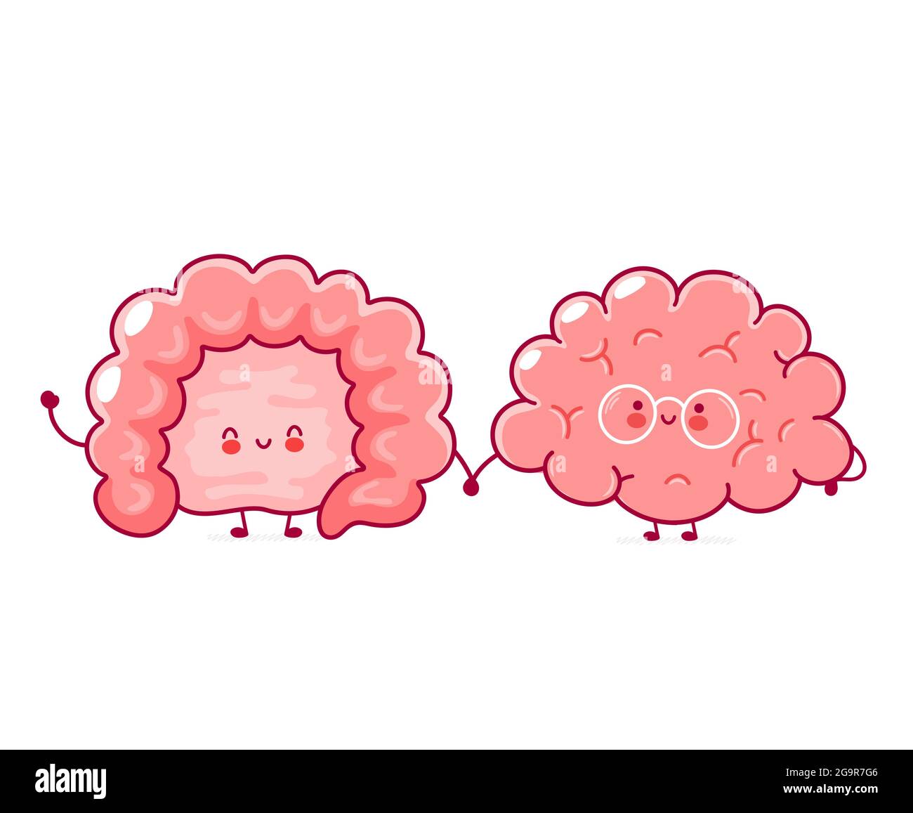 Mignon drôle heureux intestin humain et organes du cerveau. Icône d'illustration de personnage de dessin animé à la main de vecteur kawaii. Isolé sur fond blanc. Concept de personnage de dessin animé cerveau et intestin Illustration de Vecteur