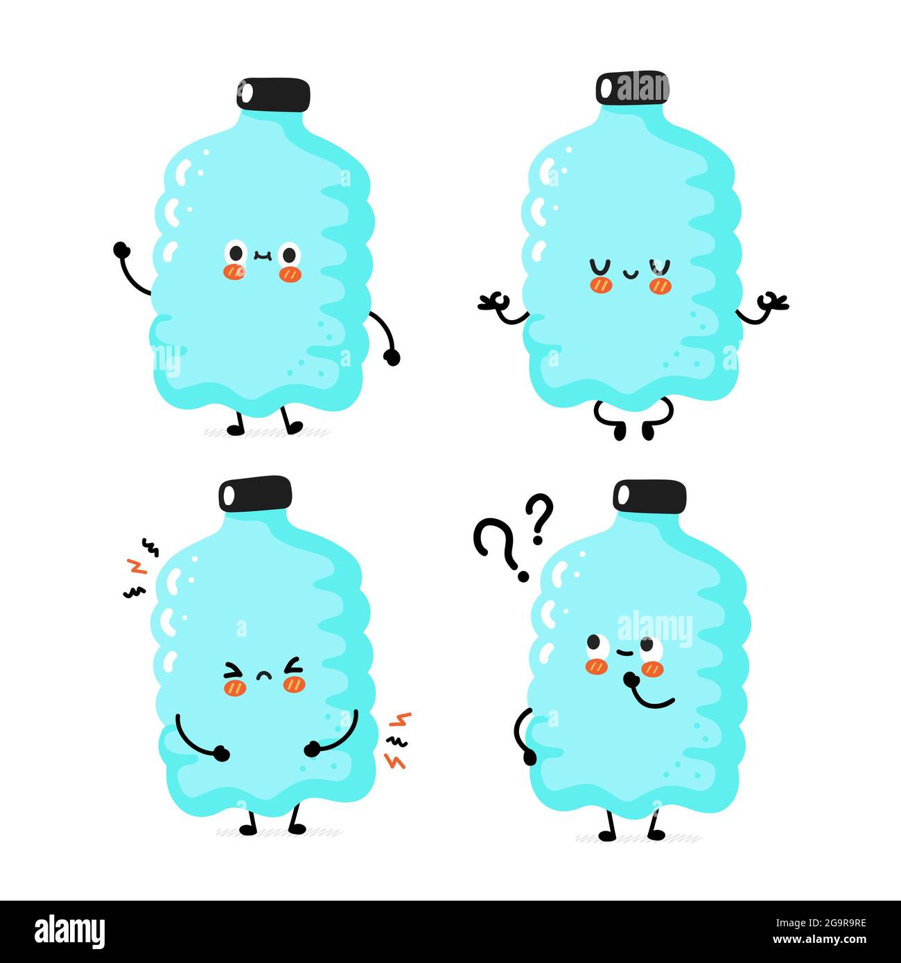 Ensemble de personnages en bouteille en plastique mignon sourire heureux mignon. Illustration d'un autocollant de personnage de dessin animé vectoriel. Drôle Happy bouteille plastique dessin animé caractère concept. Isolé sur fond blanc Illustration de Vecteur