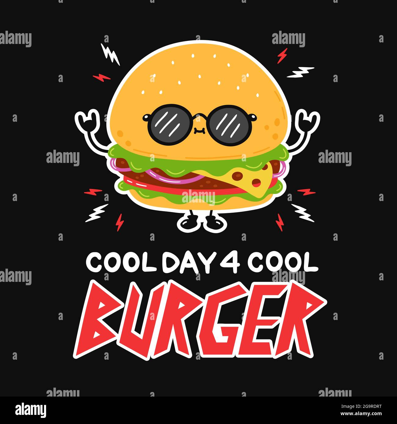 Un joli hamburger amusant dans des lunettes de soleil. Affiche de citation  avec texte « Cool Day for Cool Burger ». Icône d'illustration de personnage  de dessin animé vectorisé à la main.