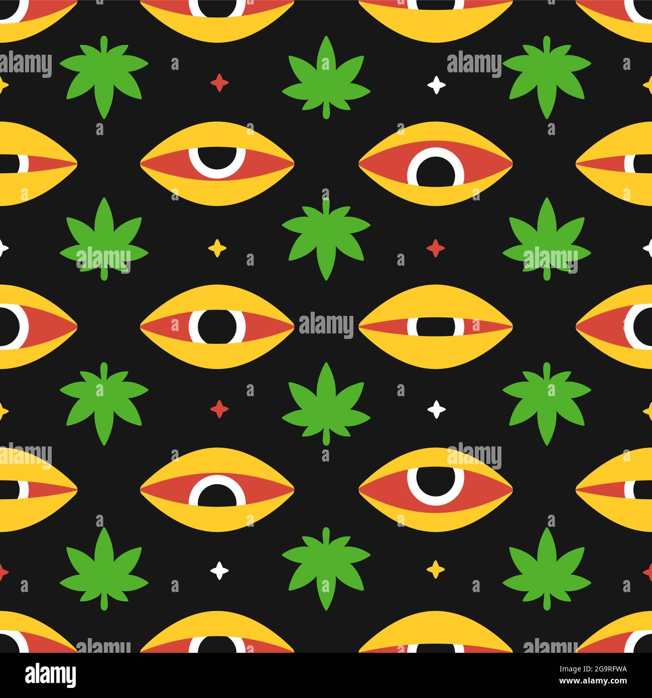 Feuilles de cannabis de mauvaises herbes et yeux rouges modèle sans couture. Dessin animé vectoriel dessiné à la main. Trippy marijuana cannabis herbe et les yeux hauts, dope modèle sans couture concept Illustration de Vecteur