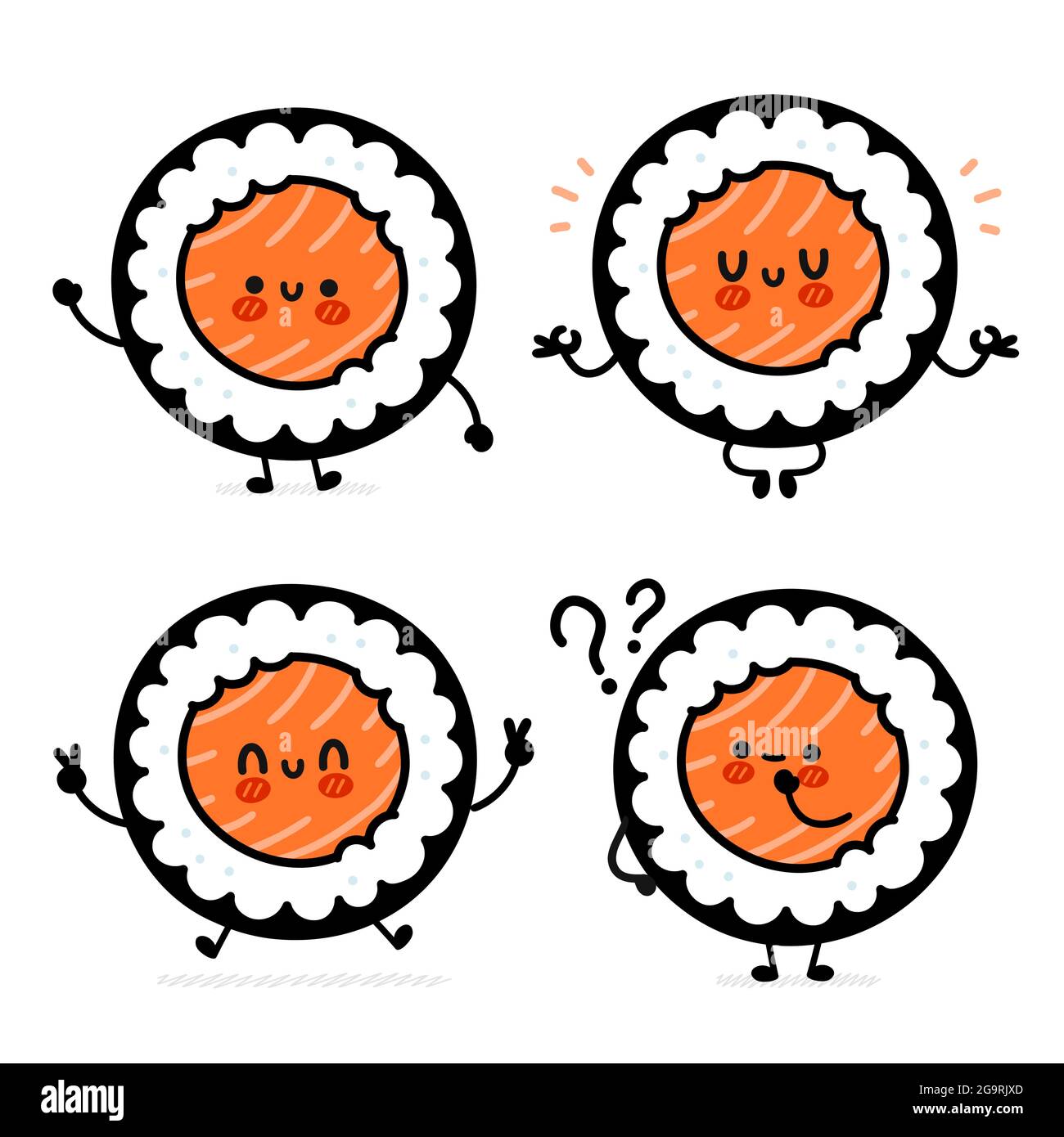 Ensemble de sushi drôle et mignon composé de personnages et de personnages à méditer. Icône d'illustration de personnage de dessin animé kawaii à plan vectoriel. Isolé sur fond blanc. Sushi roll, maki, cuisine asiatique dessin animé concept de personnage Illustration de Vecteur