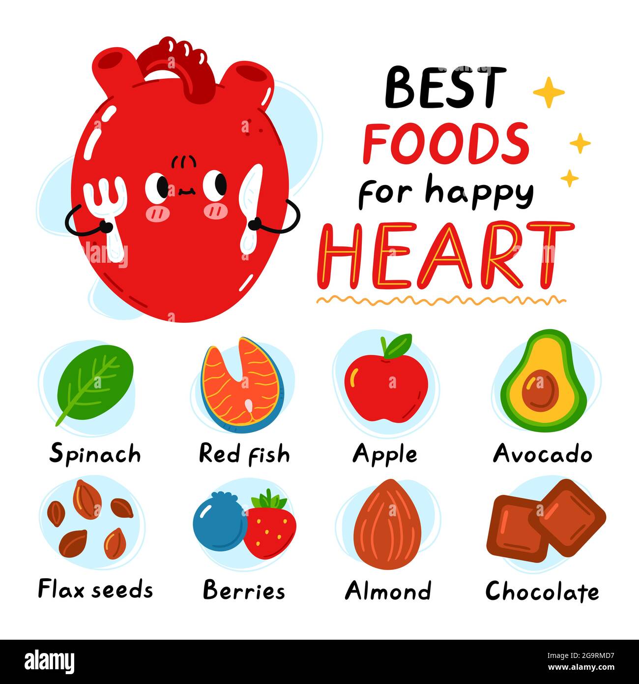 Coeur mignon avec fourchette et couteau. Infographie sur les meilleurs aliments pour un cœur heureux et en bonne santé. Icône d'illustration de personnage de dessin animé kawaii à nain plat vectoriel. Isolé sur fond blanc. Infographie sur les aliments sains Illustration de Vecteur