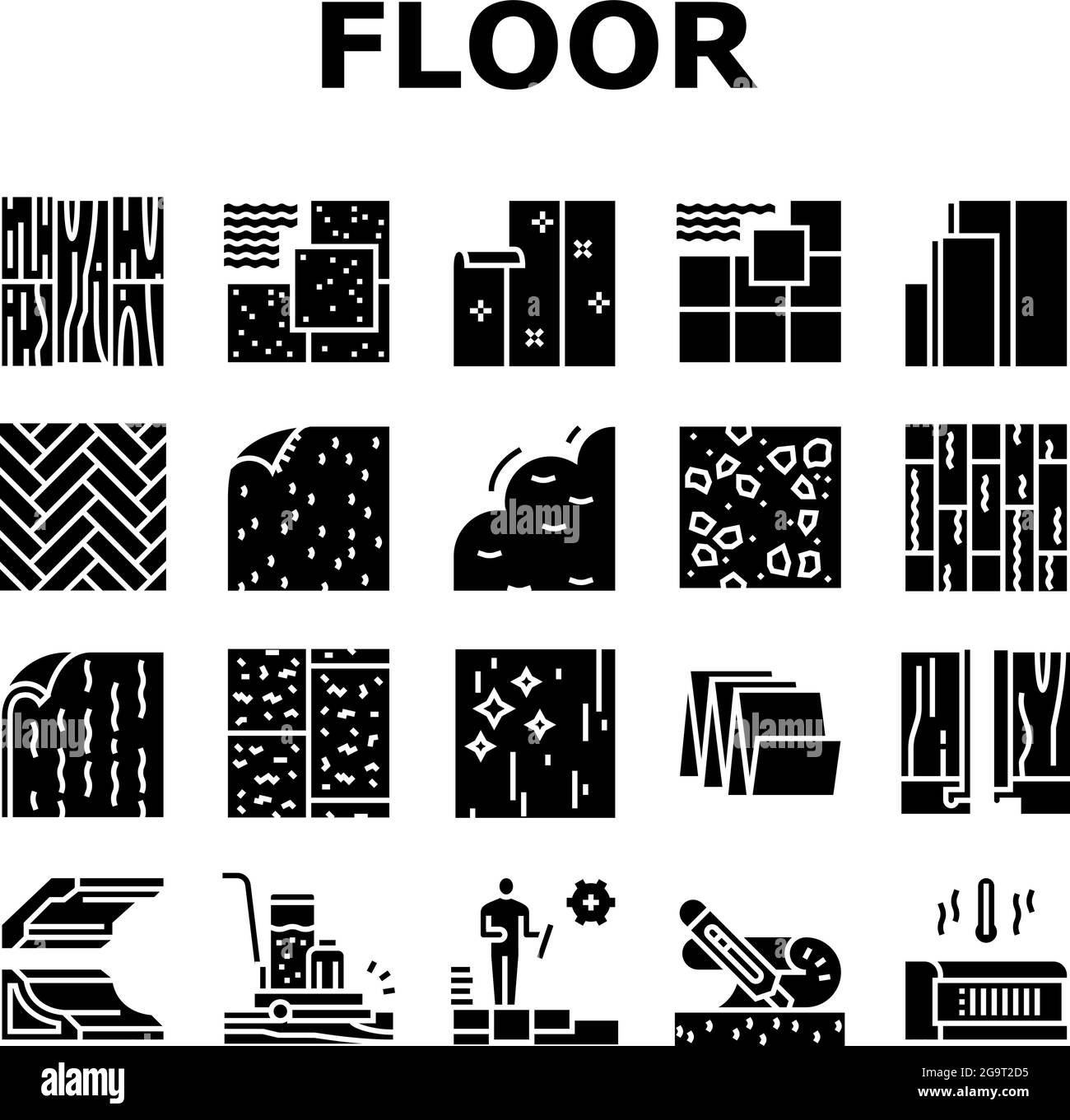 Les icônes de la collection d'installation au sol définissent le vecteur. Système électronique de revêtement de menuisier et de chauffage de plancher, couche de parquet en plastique et en bois, céramique et St Illustration de Vecteur