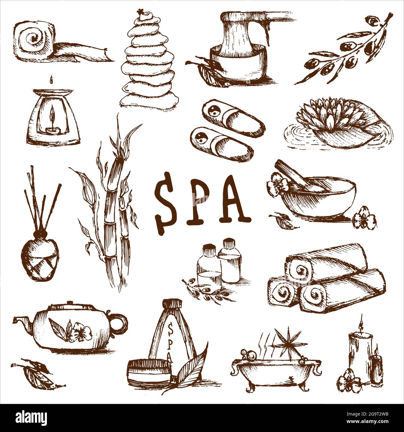 Kit d'illustrations pour le salon de spa. Bougies, huiles, épilation. Soins de beauté et détente au spa pour le vecteur bien-être. Ensemble d'attributs spa dessiné à la main. Illustration de Vecteur