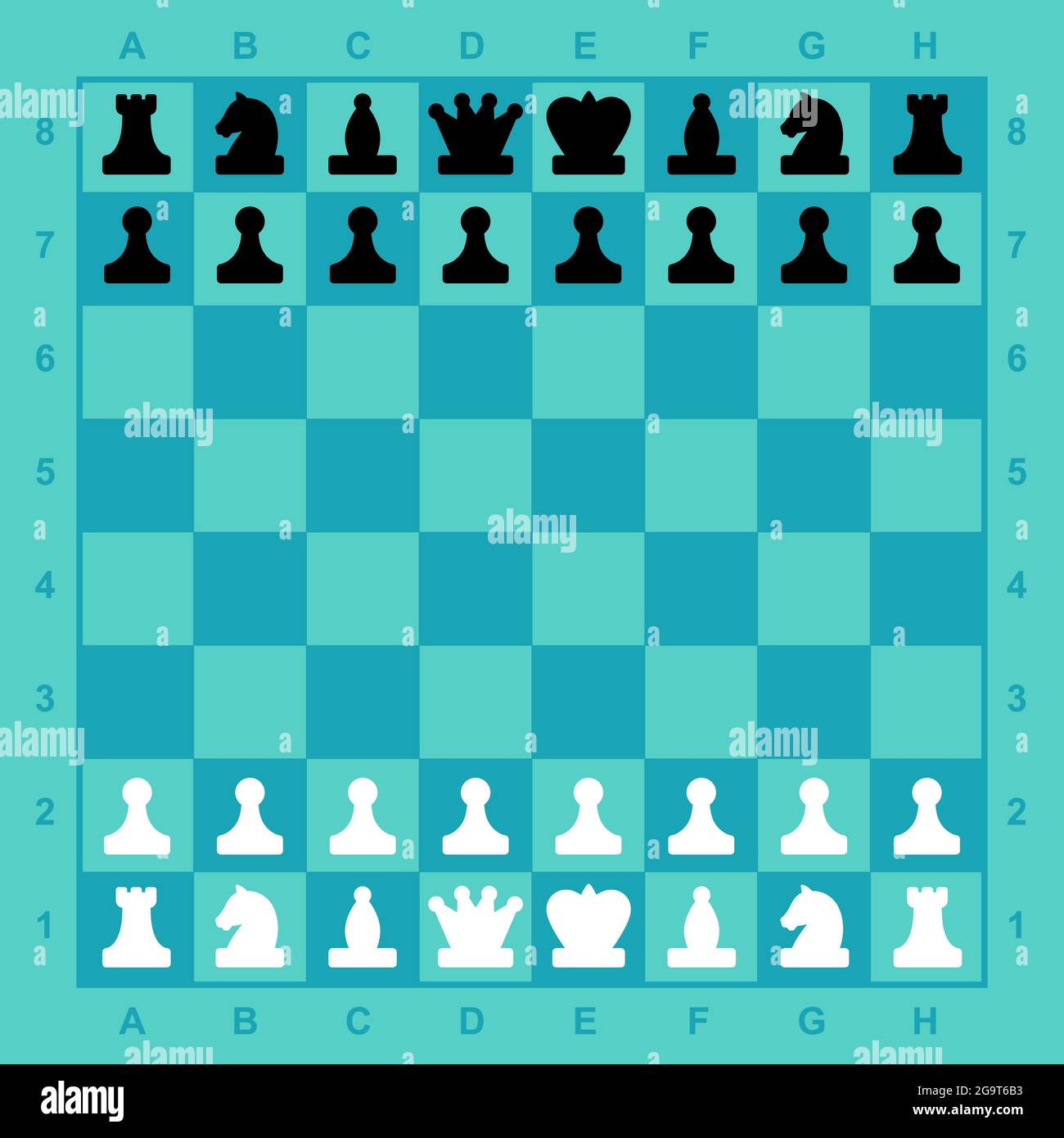 Pièces d'échecs sur le plateau. Vecteur. Kit complet prêt à l'emploi pour le jeu, application mobile. Jeu d'échecs professionnel. Formes noir et blanc sur un bleu Illustration de Vecteur