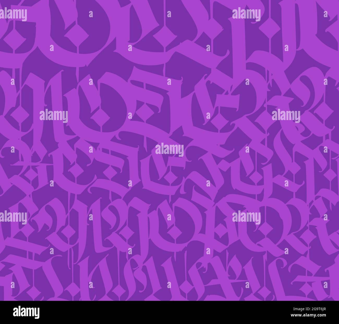 Motif gothique médiéval. Vecteur. Européen moderne gothique. Lettres violettes sur fond sombre. Toutes les lettres sont manuscrites à l'aide d'un stylo. Lettres majuscules. Illustration de Vecteur