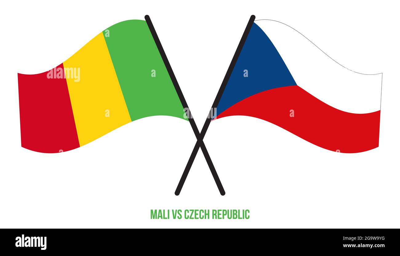 Le Mali et la République tchèque ont traversé des drapeaux et ont fait des signes de style plat. Proportion officielle. Corriger les couleurs. Banque D'Images