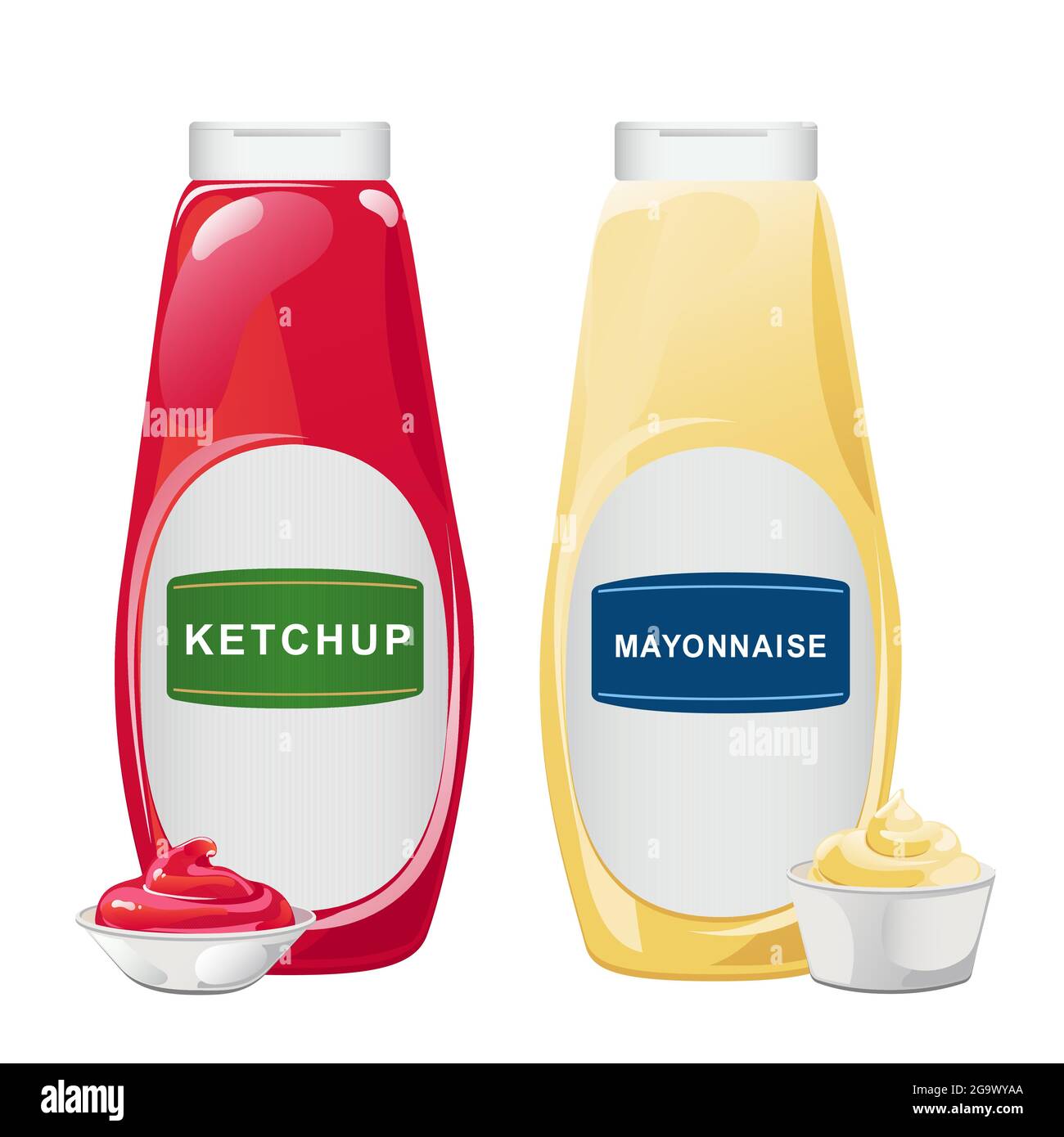 Ketchup et mayonnaise dans les bouteilles avec jeu d'étiquettes