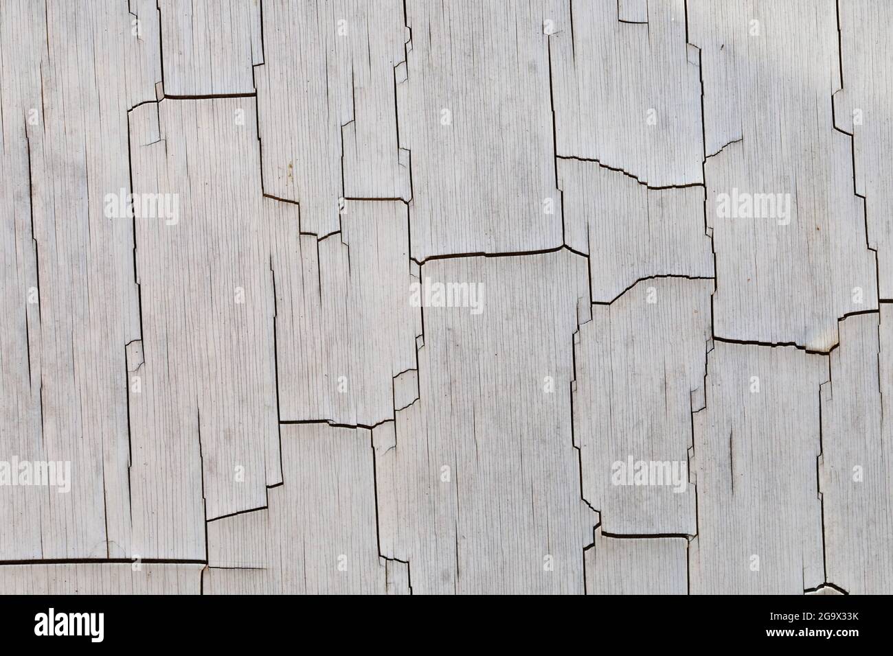 Gros plan d'une feuille de plastique fissurée et abîmé. Ancienne surface usée avec fissures craquelées traversant des sections fendues qui s'écaillent. Arrière-plan abstrait Banque D'Images
