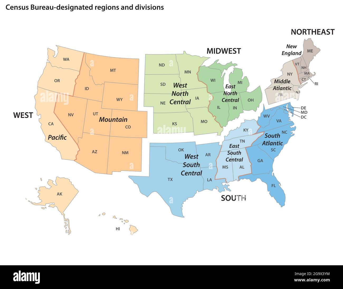 Carte vectorielle des régions et divisions désignées par le bureau de recensement des États-Unis Illustration de Vecteur