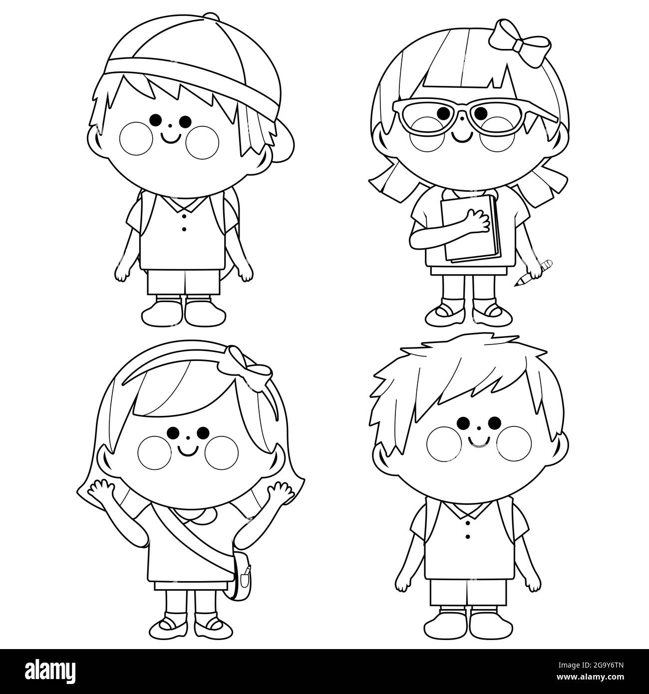 Groupe d'enfants étudiants. Page de couleur noir et blanc Banque D'Images