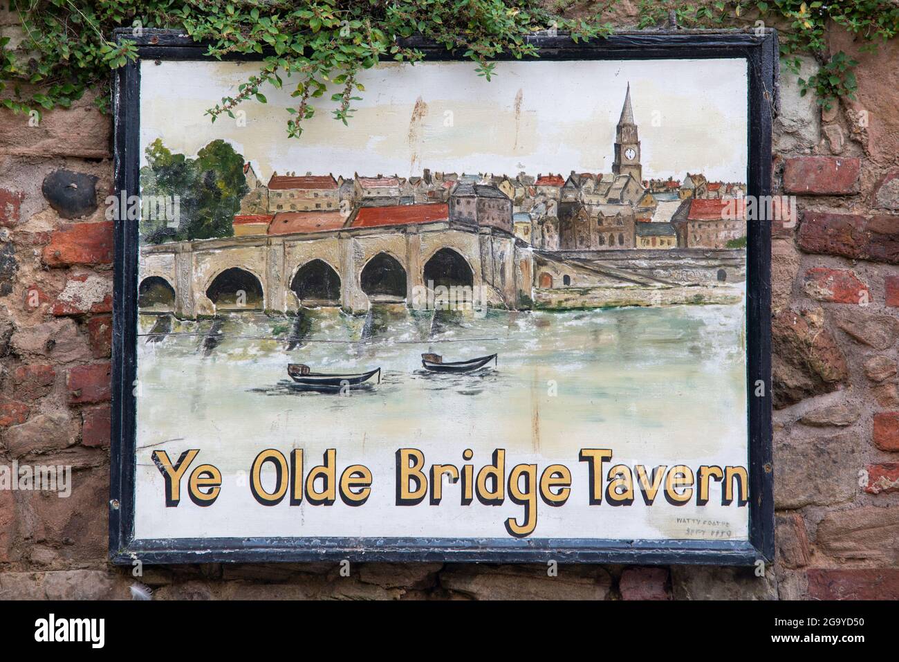 Vieux panneau de pub de la Olde Bridge Tavern qui a été démoli dans les années 1950 Banque D'Images