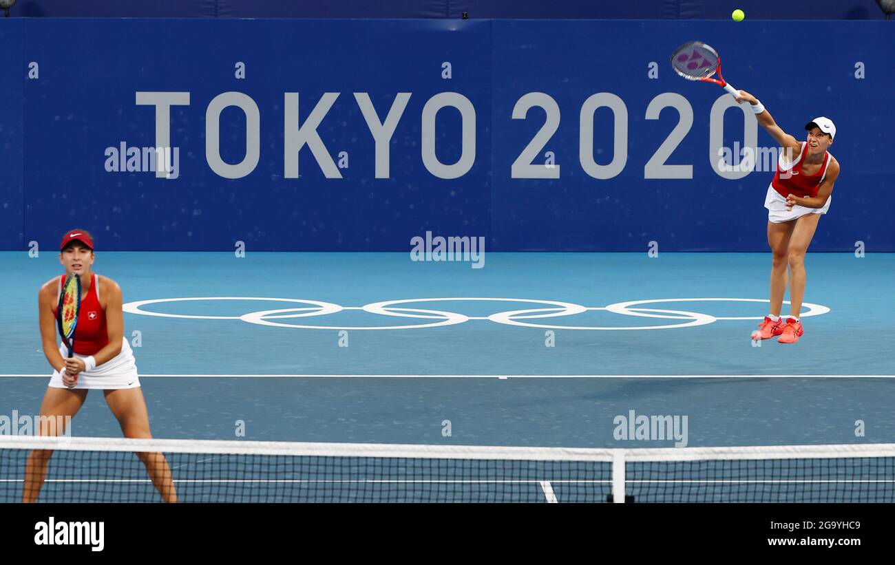 Jeux Olympiques de Tokyo 2020 - tennis - doubles pour femmes - Quarterfinal  - Ariake tennis Park - Tokyo, Japon - 28 juillet 2021. Belinda Bencic de  Suisse et Viktorija Golubic de